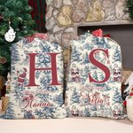 Personlig retro Toile De Jouy julklappspåse i kanvas med namn och initialer perfekt som present till familj och vänner
