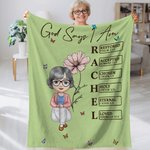 Personalized Birth Flower Bible Cartoon Character Soft Throw Blanket with Name Home Decor Baptism Christmas Gift for Christian Women