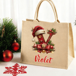 Personalized Santa Hat Holly Initial Design  Large Jute Tote Bag with Name Christmas Party Gift for Family Friends