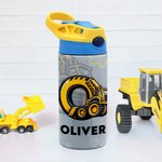 Personalisierte Construction Truck Initial 12 oz Kind Wasserflasche mit Namen und Silikonstroh täglichen Gebrauch Geburtstag zurück zu Schule Geschenk für Kinder