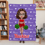Personalized Multicolor Cartoon Cheerleading Girl Soft Throw Blanket with Heart and Name Home Decor Birthday Gift for Cheerleaders