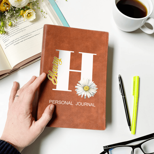 Personalised Birth Flower Initial  A5 PU Leather Journal Notebook with Name Text and 100 Lined Pages Birthday Gift for Friends Family