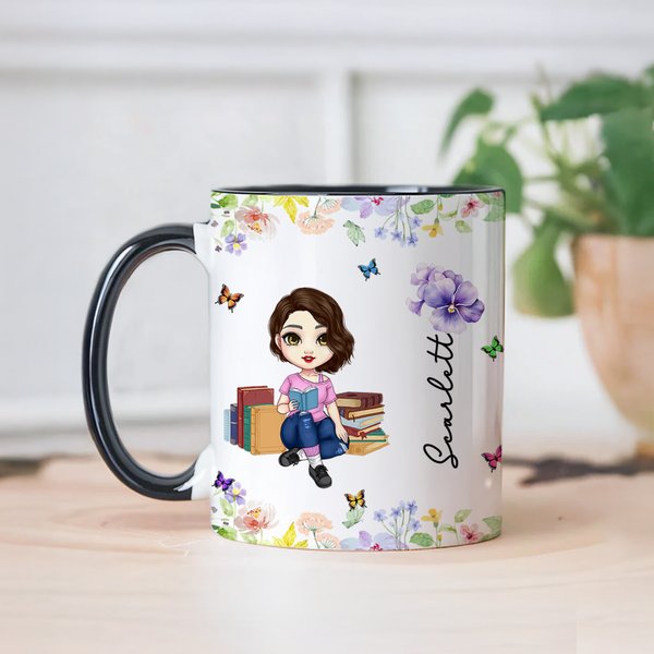 Personalised Cartoon Charatcer Birth Flower 11 oz Ceramic Mug with Name Birthday Christmas Gift for Book Lovers Bookworms