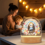 Personalised Cartoon Character Rainbow Floral Acrylic Night Light with Name and Wooden Base Room Decor Christmas Birthday Gift for Girls Boys