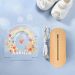 Personalised Cartoon Character Rainbow Floral Acrylic Night Light with Name and Wooden Base Room Decor Christmas Birthday Gift for Girls Boys