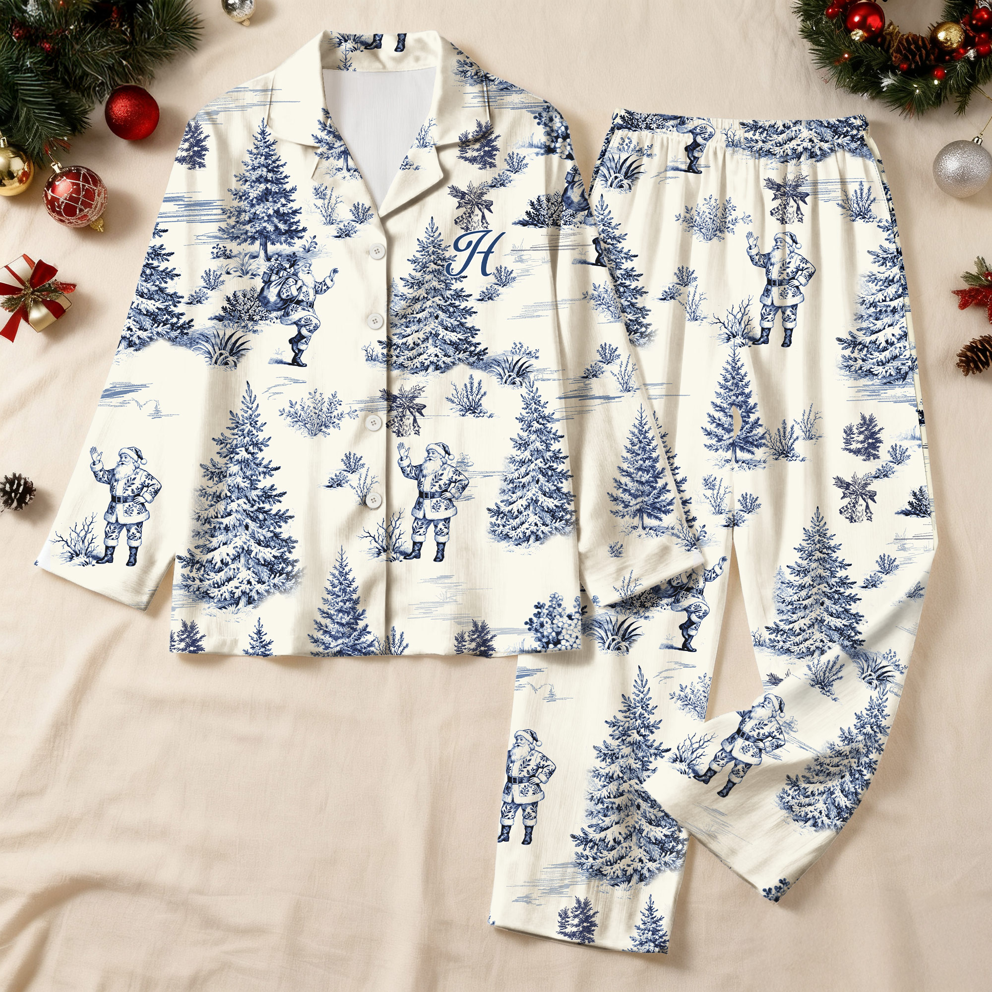 Pyjama en Toile de Jouy Personnalisé avec Initiale et Motif Pyjama en Tissu Super Douce Cadeau Anniversaire Noël pour Femme