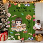 Personalized Cartoon Reading Character Birth Flower Soft Throw Blanket with Name and Title Home Decor Birthday Gift for Family Bookworms