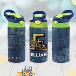Personalisierte Construction Truck Initial 12 oz Kind Wasserflasche mit Namen und Silikonstroh täglichen Gebrauch Geburtstag zurück zu Schule Geschenk für Kinder