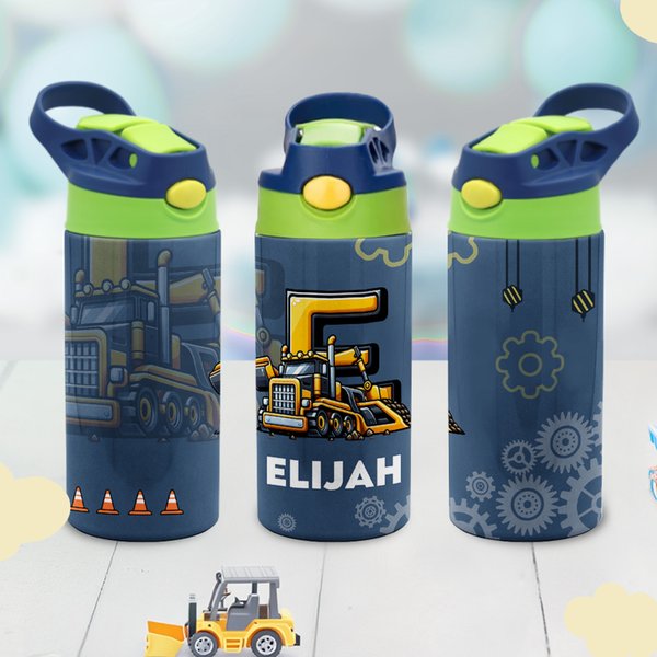 Personalisierte Construction Truck Initial 12 oz Kind Wasserflasche mit Namen und Silikonstroh täglichen Gebrauch Geburtstag zurück zu Schule Geschenk für Kinder