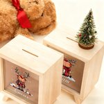 Personalized Cute Reindeer Christmas Tree Wood Clear Money Box Piggy Bank with Name Desk Decor Christmas Gift for Kids