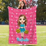 Personalized Multicolor Cartoon Cheerleading Girl Soft Throw Blanket with Heart and Name Home Decor Birthday Gift for Cheerleaders