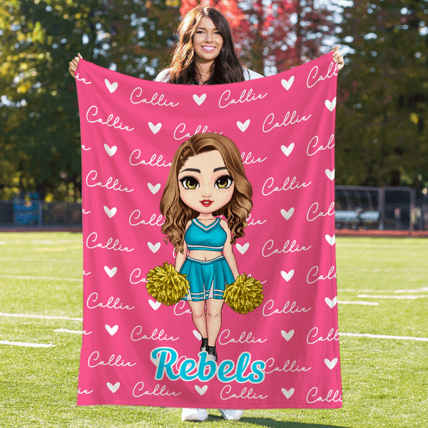 Personalized Multicolor Cartoon Cheerleading Girl Soft Throw Blanket with Heart and Name Home Decor Birthday Gift for Cheerleaders