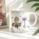 Personalised Cartoon Charatcer Birth Flower 11 oz Ceramic Mug with Name Birthday Christmas Gift for Book Lovers Bookworms