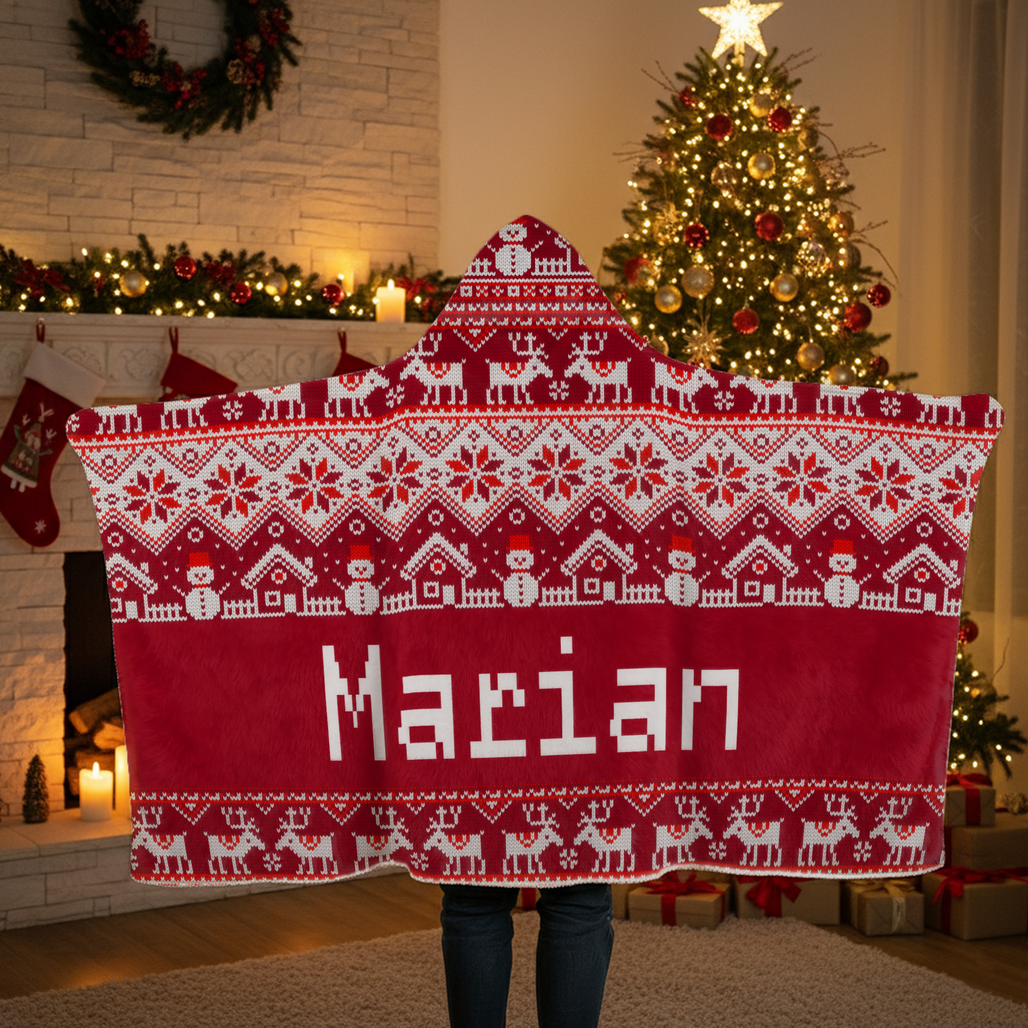 Couverture à capuche personnalisée avec nom, style Fair Isle, Bonhomme de neige, Renne, Père Noël Cadeau de Noël pour les enfants et la famille