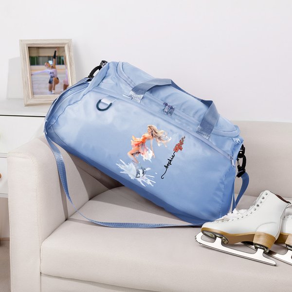 Personalized Ice Skating Girl Birth Flower Multi-compartment Waterproof Weekend Duffle Bag with Shoulder Strap and Name Back to School Gift for Her