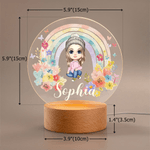 Personalized Cartoon Baby Rainbow Flower Acrylic LED Night Light with Wooden Base and Name Room Decor Birthday Christmas Gift for Kids Babies