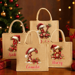 Personalized Santa Hat Holly Initial Design  Large Jute Tote Bag with Name Christmas Party Gift for Family Friends