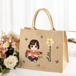Personalized Cute Cartoon Character Jute Tote Bag with Birth Flower and Name Mother's Day Christmas Birthday Gift for Friends Family