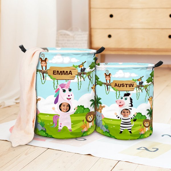 Personalised Cute Forest Animal Waterproof Laundry Storage Basket with Name and Handle Birthday Housewarming Gift for Kids