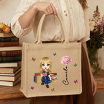 Personalized Cute Cartoon Character Jute Tote Bag with Birth Flower and Name Mother's Day Christmas Birthday Gift for Friends Family