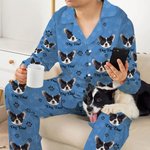 Personalized Cute Paw 1-5 Pet Face Photo Avatar Long-Sleeved Pajamas Set with Name Birthday Gift for Women Men Pet Lover