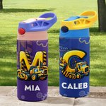 Personalisierte Construction Truck Initial 12 oz Kind Wasserflasche mit Namen und Silikonstroh täglichen Gebrauch Geburtstag zurück zu Schule Geschenk für Kinder