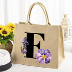 Personalized Birth Flower Jute Tote Bag with Initial and Name Travel Accessories Birthday Gift for Women