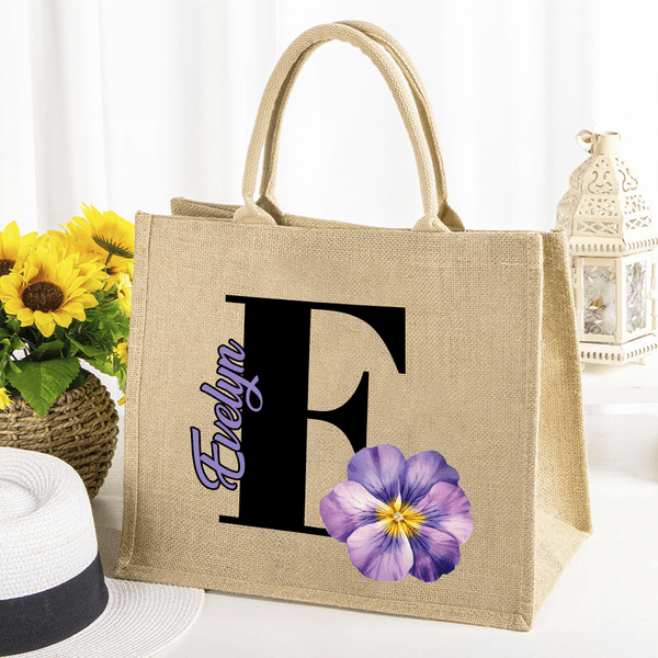 Personalized Birth Flower Jute Tote Bag with Initial and Name Travel Accessories Birthday Gift for Women