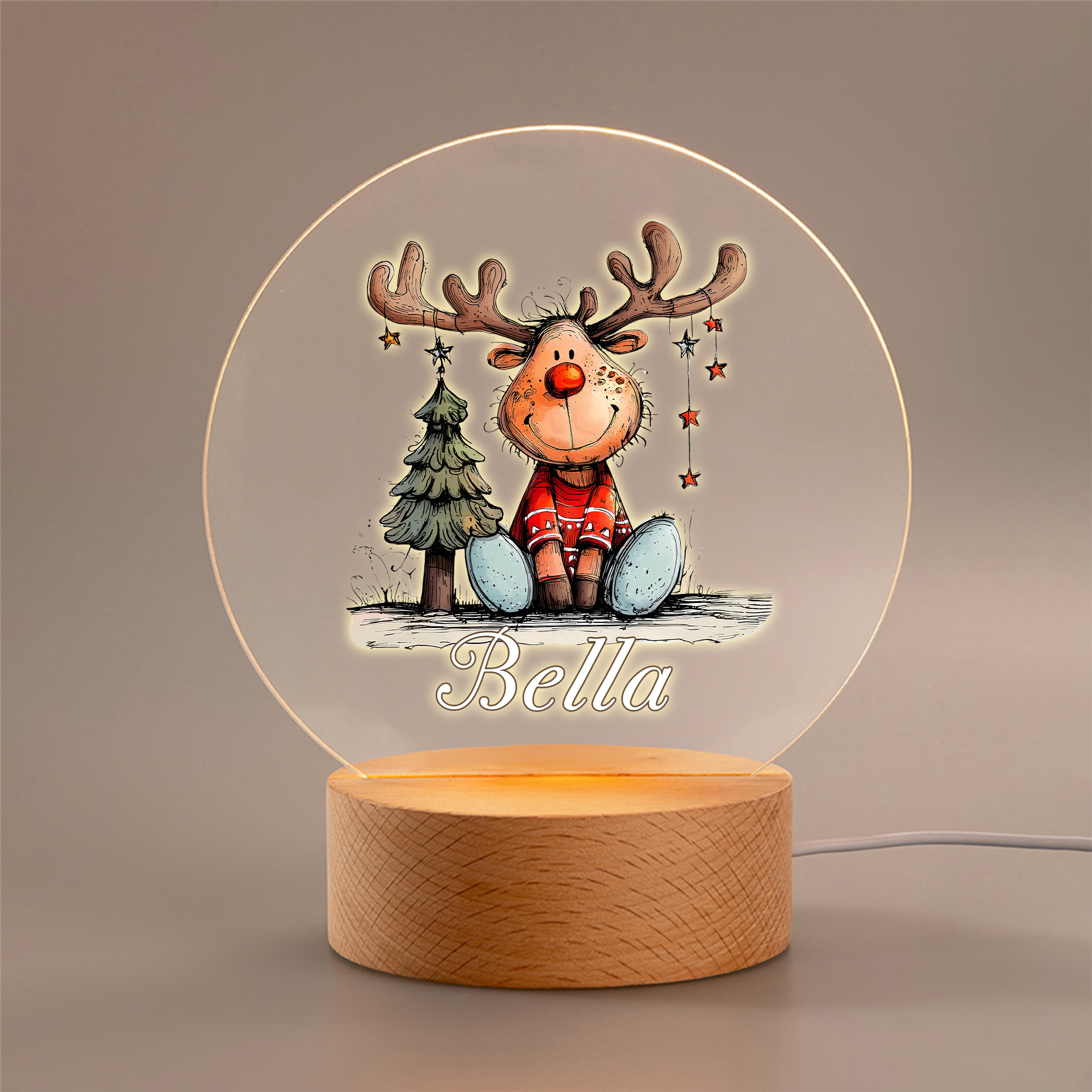 Veilleuse LED personnalisée en forme de renne avec nom et base en bois Décoration de chambre d'enfant Cadeau de Noël pour les enfants