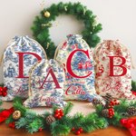 Personlig retro Toile De Jouy julklappspåse i kanvas med namn och initialer perfekt som present till familj och vänner