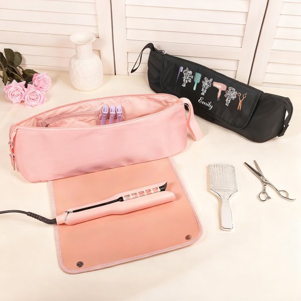 Personalized Birth Flower Bouquet Hair Tools Portable Travel Bag with Name and Heat Resistant Mat Travel Essentials Birthday Gift for Women