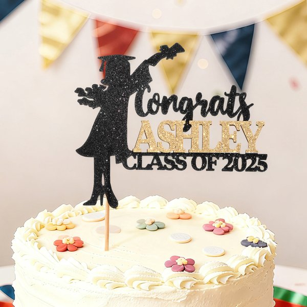 Personalised Glitter Multicolor Graduate Silhouette Cake Topper with Name and Year Cake Decor Graduation Season Party Gift for Graduates