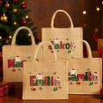 Personlig återanvändbar juteväska med julkonst och handskrivna namn perfekt julklapp för barn och familj