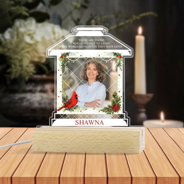 Personalized Wreath Photo House Shape Acrylic LED Night Light with Name and Wooden Base Memorial Sympathy Keepsake Gift for Loss of Loved One