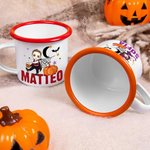 Tazza smaltata  da 355 ml personalizzabile con nome e personaggio animato a tema Halloween regalo di festa per bambini e ragazzi
