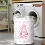 Personalised Coquette Bow Initial Name Laundry Basket with Handle Large Waterproof Storage Basket Nursery Decor Birthday Gift for Baby Girl