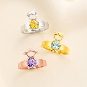 Personalised Cute Boy Girl Charm Heart-Shaped Birthstone Ring Mother's Day Birthday Anniversary Gift for Mother Grandmother