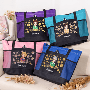 Personalised Birth Flower Cartoon Character Large Oxford Tote Bag with Mesh Pocket and Name Travel Birthday Gift for Women