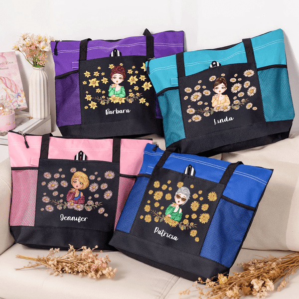 Personalized Birth Flower Cartoon Character Large Oxford Tote Bag with Mesh Pocket and Name Travel Birthday Gift for Women