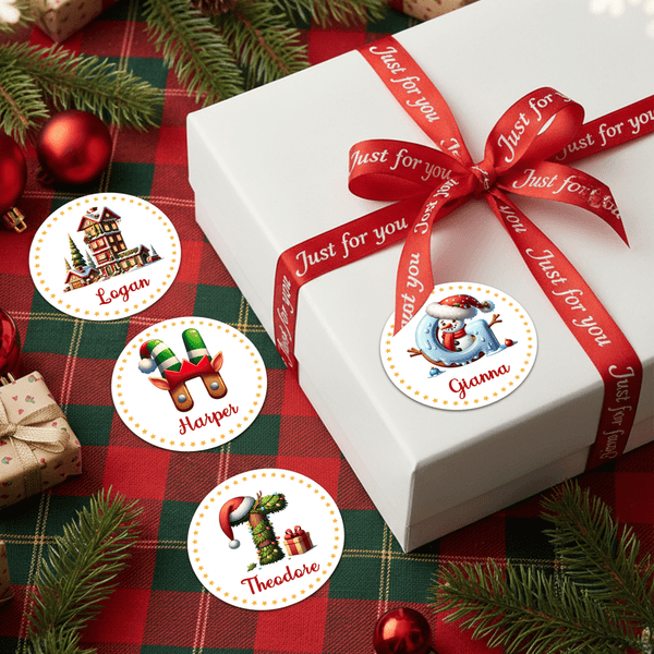 Personalized Christmas Elf Snowman House Initial Waterproof Stickers with Name Set of 2 Gift Decor Christmas Party Favors for Kids Family