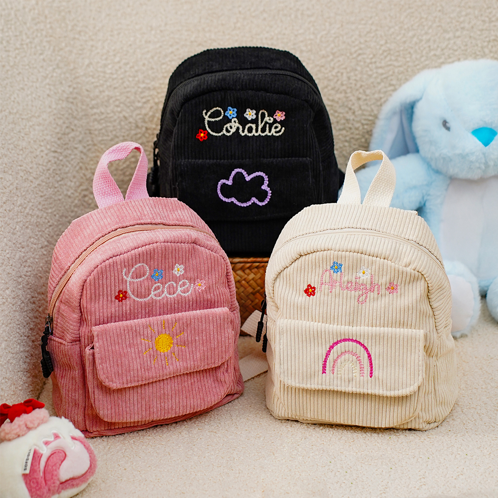 Sac à Dos en Velours Côtelé Personnalisé avec Motif Fleurs Arc-en-Ciel et Nom Brodés Cadeau d'Anniversaire Rentrée Scolaire pour Tout-Petit Enfant