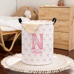 Personalised Coquette Bow Initial Name Laundry Basket with Handle Large Waterproof Storage Basket Nursery Decor Birthday Gift for Baby Girl