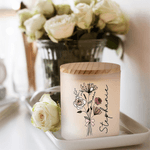 Personalised Birth Flower Bouquet LED Candle Jar with Name and Wooden Lid Christmas Birthday Gift for Family Friends