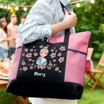 Personalized Birth Flower Cartoon Character Large Oxford Tote Bag with Mesh Pocket and Name Travel Birthday Gift for Women