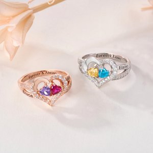 Personalized Double Heart Birthstones Zircon Ring with Engraved Name and Text Dainty Jewelry Anniversary Birthday Gift for Women