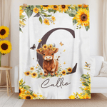 Personalised Cute Highland Cow Sunflowers Soft Throw Blanket with Name and Initial Home Decor Birthday Baby Shower Gift for Kids