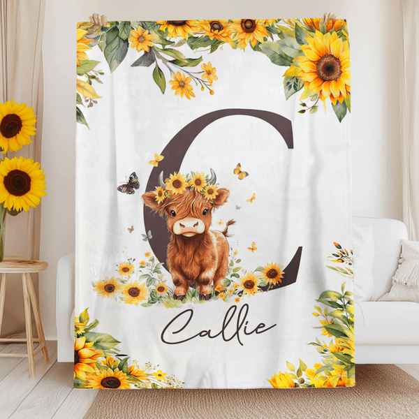 Personalised Cute Highland Cow Sunflowers Soft Throw Blanket with Name and Initial Home Decor Birthday Baby Shower Gift for Kids