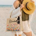 Personalized Birth Flower Large Jute Tote Bag with Name Birthday Anniversary Christmas Gift for Women