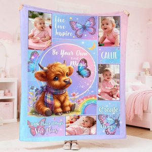 Gepersonaliseerde Bloemen Hoogland Koe Vlinder Zachte Deken met Naam en Foto's Home Decor Baby Shower Verjaardagscadeau voor Meisjes