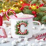 Personalized Cute Elf and Candy Style Initial 12 oz Enamel Mug with Name Home Decoration Christmas Gift for Boys Girls